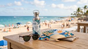 regalos promocionales para verano con abanicos, botellas y gafas de sol