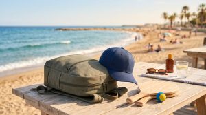 regalos promocionales para verano con mochila, gorra y raquetas de playa