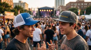 Gorras planas y trucker utilizadas en un evento de verano