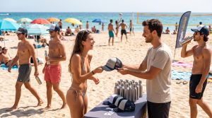 Reparto de gorras y botellas promocionales en un evento de playa