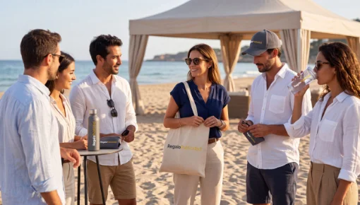 Merchandising promocional utilizado en un evento empresarial en la playa