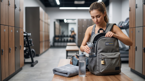 Mochila, toalla, botella y candado personalizados en un vestuario de gimnasio