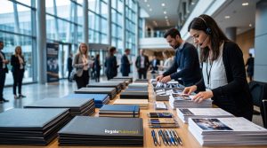 Portadocumentos personalizados preparados para un congreso empresarial