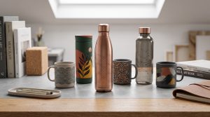Serie de tazas y botellas personalizadas con diseño coordinado