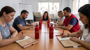 etas y botellas personalizadas en una formación de voluntariado