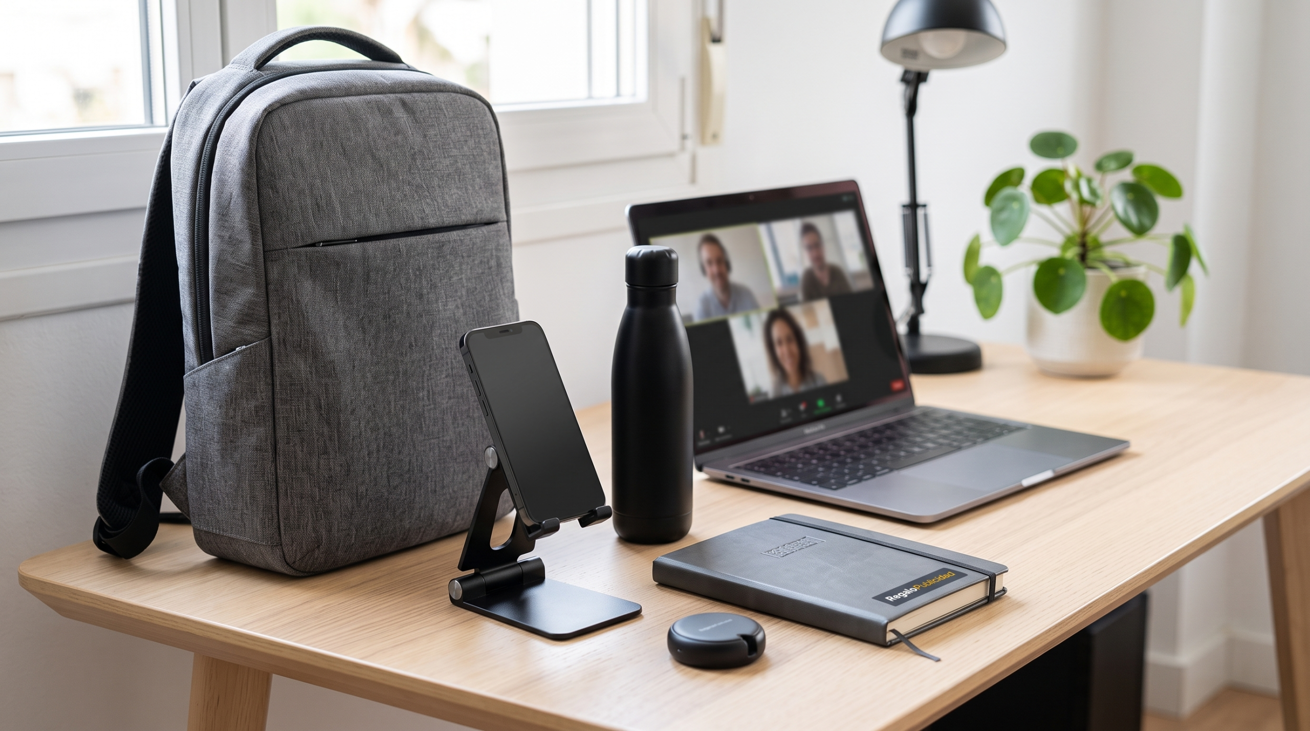 Welcome pack para teletrabajo con mochila, libreta y accesorios de escritorio