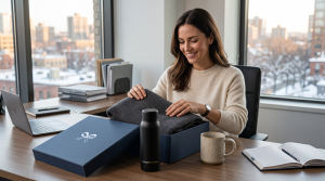 Cliente recibiendo un regalo corporativo de Navidad con productos personalizados