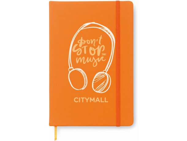 Cuaderno tamaño A6 con hojas rayadas personalizado naranja don't stop music
