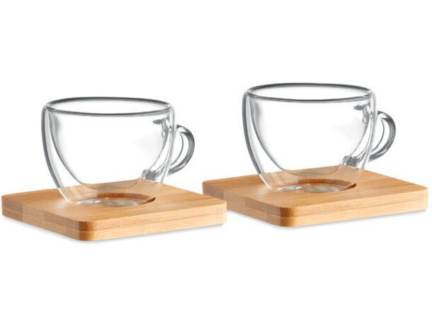 Juego 2 tazas café cristal doble capa platos bambú diseño Belize Violeta detalle 4