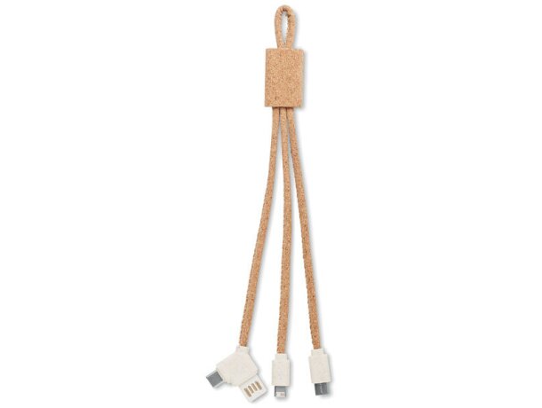 Cable carga CABIE triple corcho natural entrada USB-A y USB-C Beige detalle 1