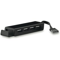 Hub con 4 puertos y soporte para móvil personalizado negro Hub con 4 puertos y soporte para móvil personalizado negro