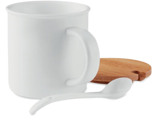 Tazas personalizadas cerámica con cuchara y tapa de bambú Kenya Blanco detalle 2