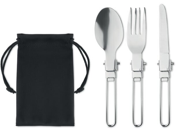 Set cubiertos camping Stapi acero inoxidable con bolsa RPET Negro detalle 2