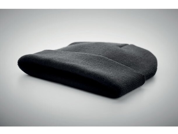 Gorros de lana en poliéster elástico rPET con puño enrollad Negro detalle 1