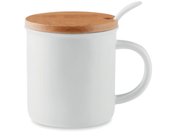 Tazas personalizadas cerámica con cuchara y tapa de bambú Kenya Blanco detalle 1