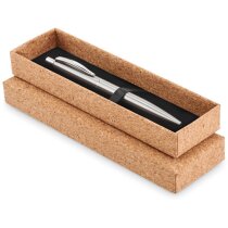 Bolígrafos con estuche Graz acero reciclado caja corcho tinta azul