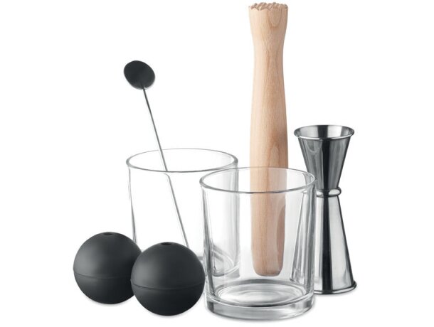 Set coctelería Night 7 piezas cristal acero mortero madera con logo Plateado mate detalle 5