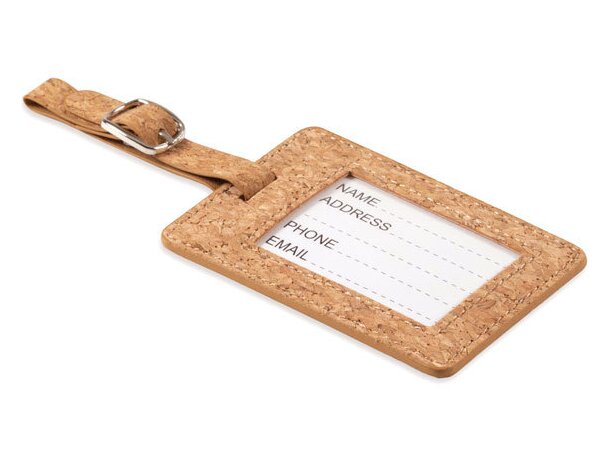 Etiqueta maletas original de corcho con compartimento transparente Coco Beige detalle 4