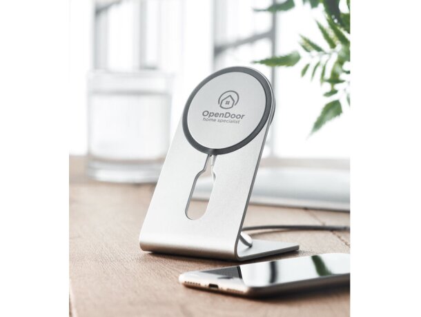 Cargadores inalámbricos promocionales aluminio Melis Plateado mate detalle 6