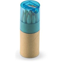 Caja redonda de 12 lápices de colores personalizada azul transparente