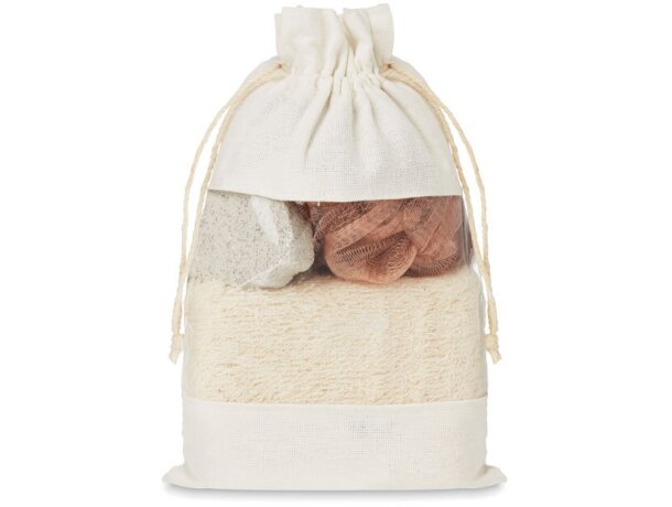 Set de baño Cuida con esponja, piedra exfoliante y puff en yute Beige detalle 3