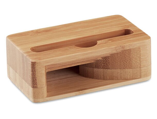 Soporte para móvil con logo grabado Caracol bambú amplificador Madera detalle 5