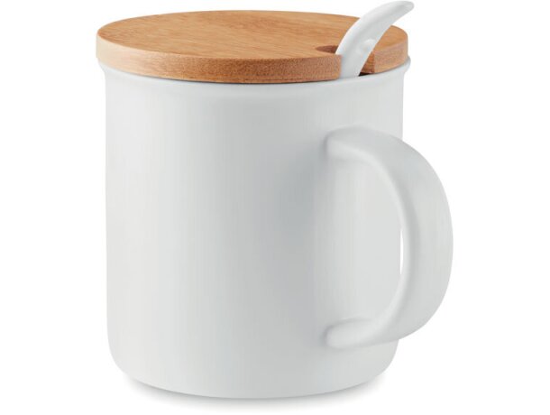 Tazas personalizadas cerámica con cuchara y tapa de bambú Kenya Blanco detalle 5