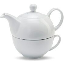 Tetera barata con taza de cerámica blanca Tea Time