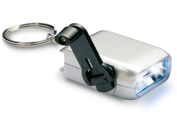 Llavero con mini linterna de dinamo personalizado plateado Llavero con mini linterna de dinamo personalizado plateado