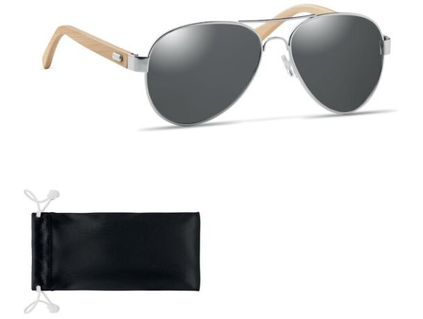 Gafas de sol Honiara con patillas bambú y lentes espejo UV400 Plateado brillante detalle 15