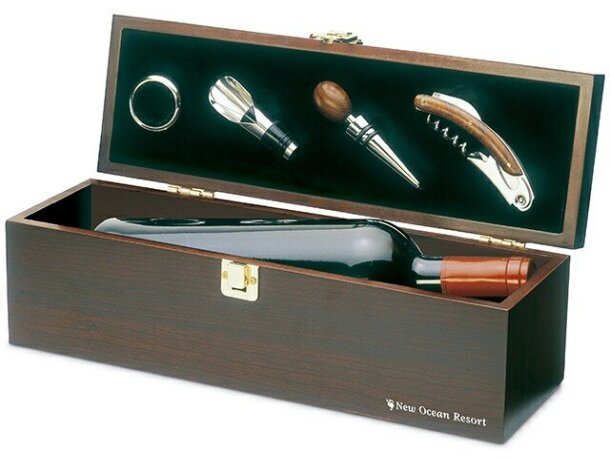 Set de vino 4 piezas con caja botellero barato madera Set de vino 4 piezas con caja botellero barato madera