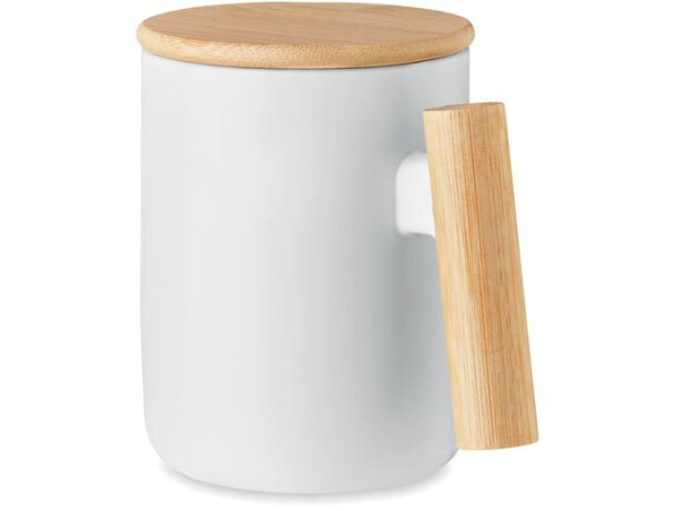 Taza Majest porcelana blanca tapa asa bambú natural 380ml Blanco detalle 3
