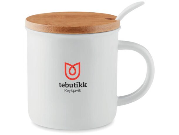 Tazas personalizadas cerámica con cuchara y tapa de bambú Kenya Blanco detalle 4