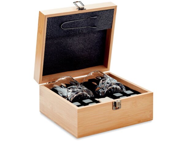 Set whisky Inverness con vasos vidrio y cubitos piedra en bambú Madera detalle 5