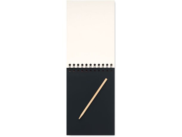 Libretas ecológicas con hojas negras para rascar y bolígrafo de madera Black Madera detalle 2