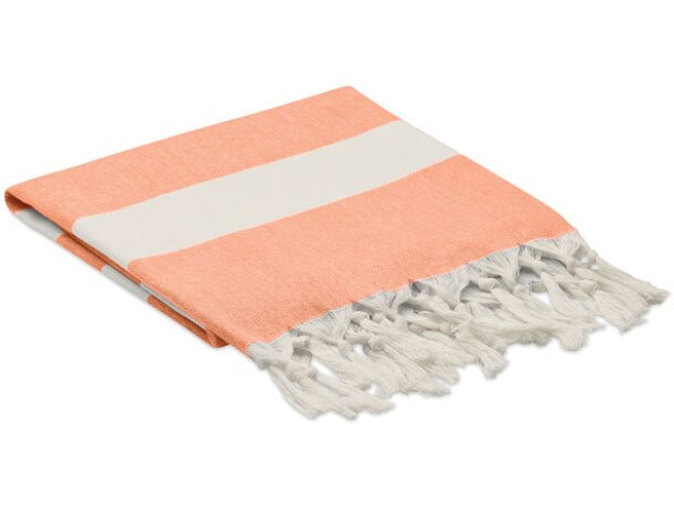 Toalla-pareo rPET algodón con flecos anudados y rayas 75x150 cm Naranja detalle 5