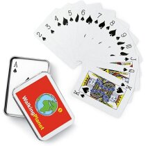 Naipes franceses 54 cartas en estuche metálico logo