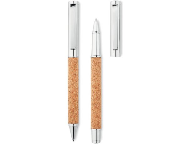 Set bolígrafo y roller barato metálicos tinta 2 colores Quercus Madera detalle 2
