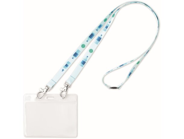 Lanyard de pet reciclado para sublimación con dos hebillas metálicas.