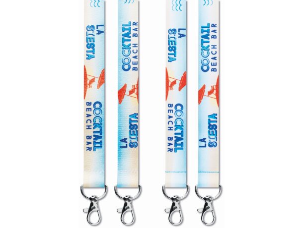 Lanyard de pet reciclado para sublimación con dos hebillas metálicas.