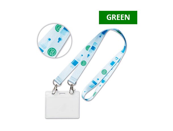 Lanyard de pet reciclado para sublimación con dos hebillas metálicas.