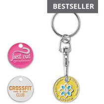 Llavero moneda carro publicitario con mosquetón de metal