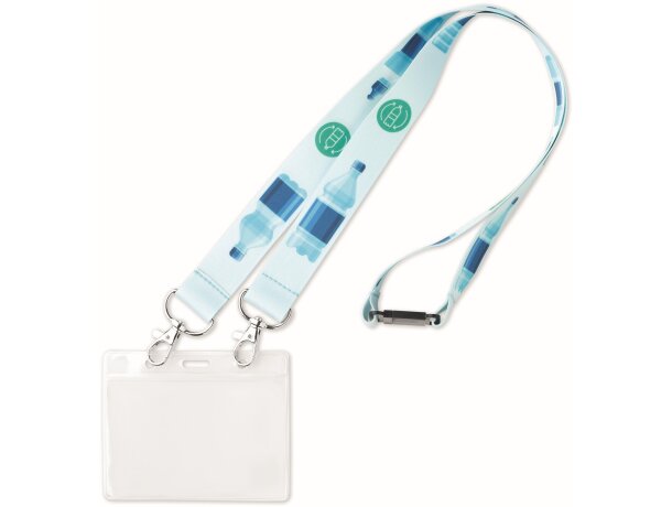 Lanyard de pet reciclado para sublimación con dos hebillas metálicas.