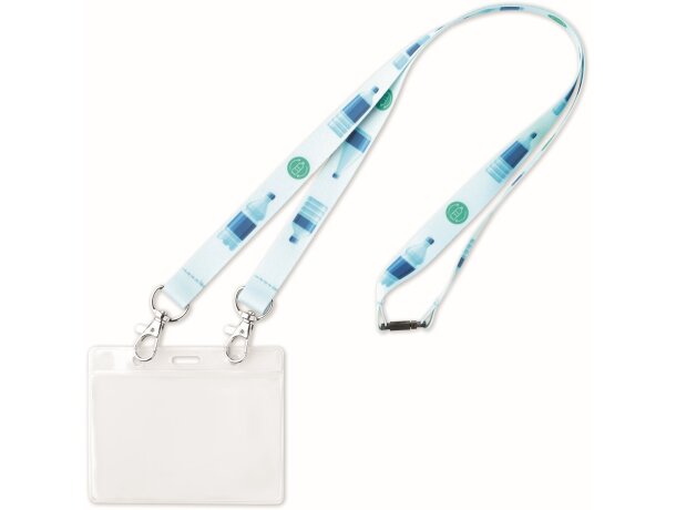 Lanyard de pet reciclado para sublimación con dos hebillas metálicas.