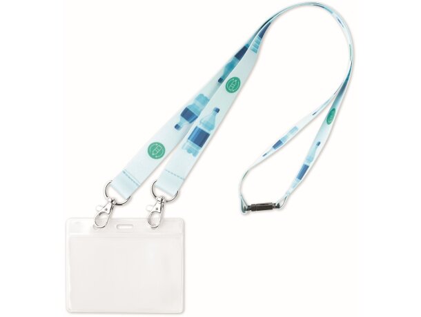 Lanyard de pet reciclado para sublimación con dos hebillas metálicas.