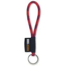 Lanyard corto cilíndrico con etiqueta tejida rojo