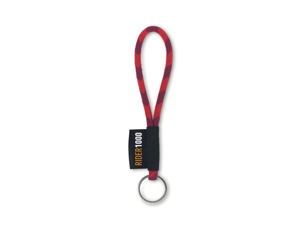 Lanyard corto cilíndrico con etiqueta tejida rojo