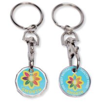 Llavero moneda carro corporativo con mosquetón y etiqueta digital