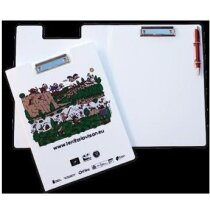 Carpeta de plástico con pinza y porta bolígrafos personalizada