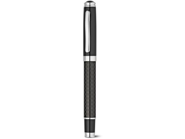 Bolígrafo en metal y fibra de carbono con estuche de polipiel negro personalizado
